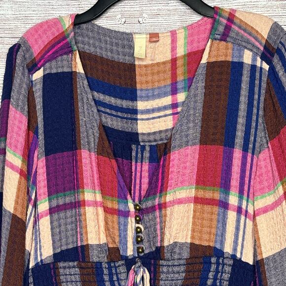 Pilcro Anthro Pink Blue Plaid Peplum Long Balloon Sleeve Fall Blouse Top Size XS - Picture 7 of 13